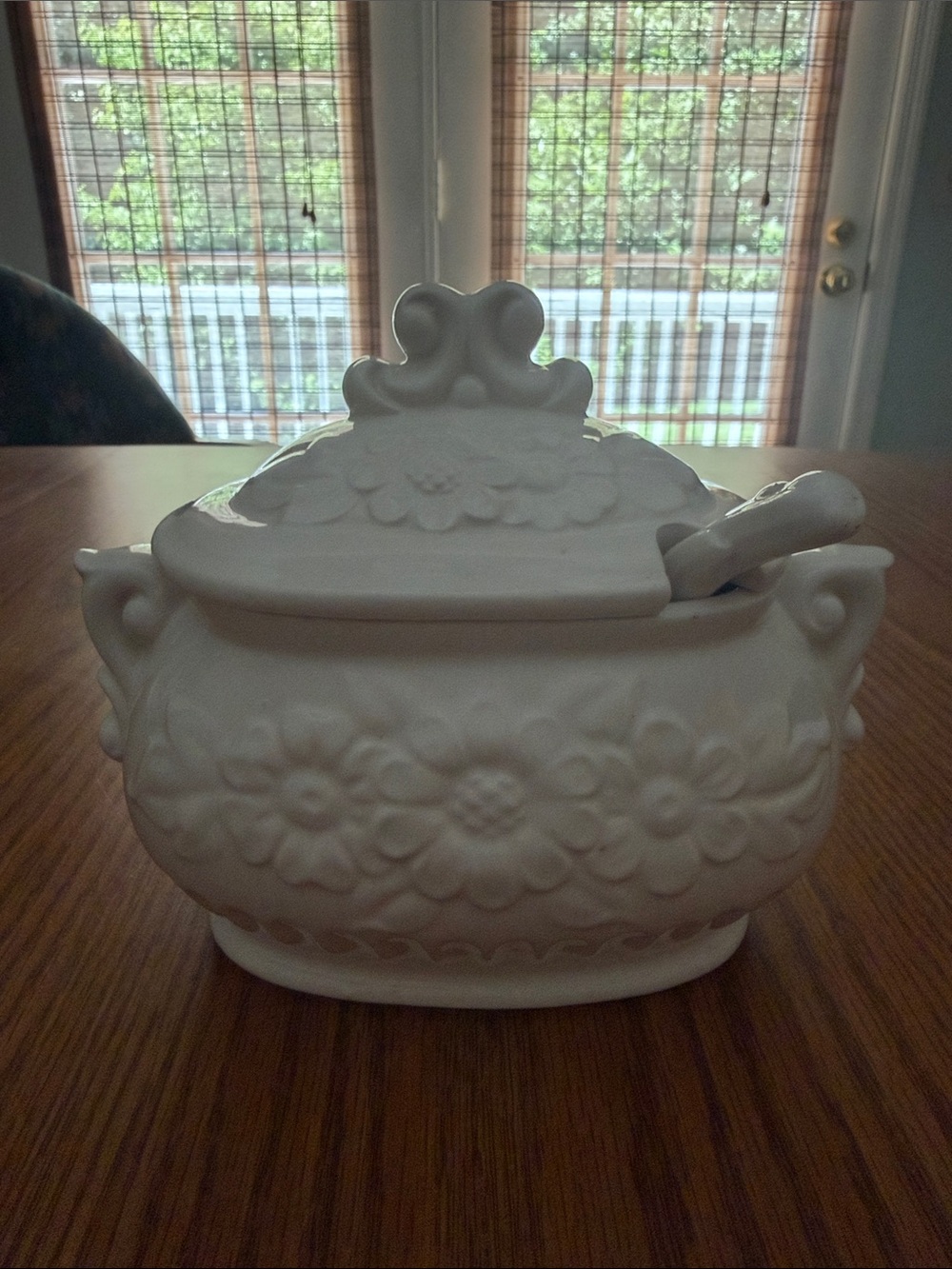 Vintage Japan White Floral Ceramic Sugar Bowl Gravy Bowl with Lid and Spoon